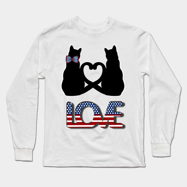 Love in American style and two black cats with tails creating a heart Long Sleeve T-Shirt by Blue Butterfly Designs 